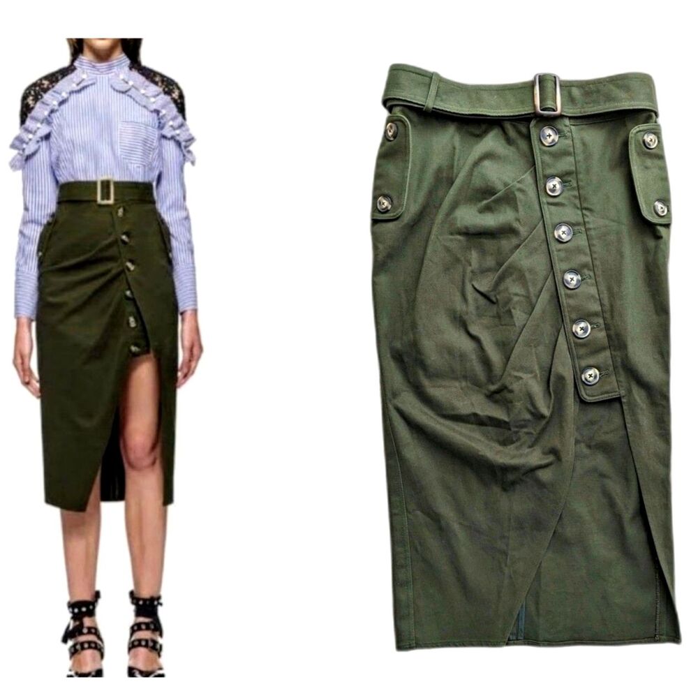 Self Portrait ASO Jessica Biel Button Cargo Asymmetrical Belted Midi Skirt Sz. 6